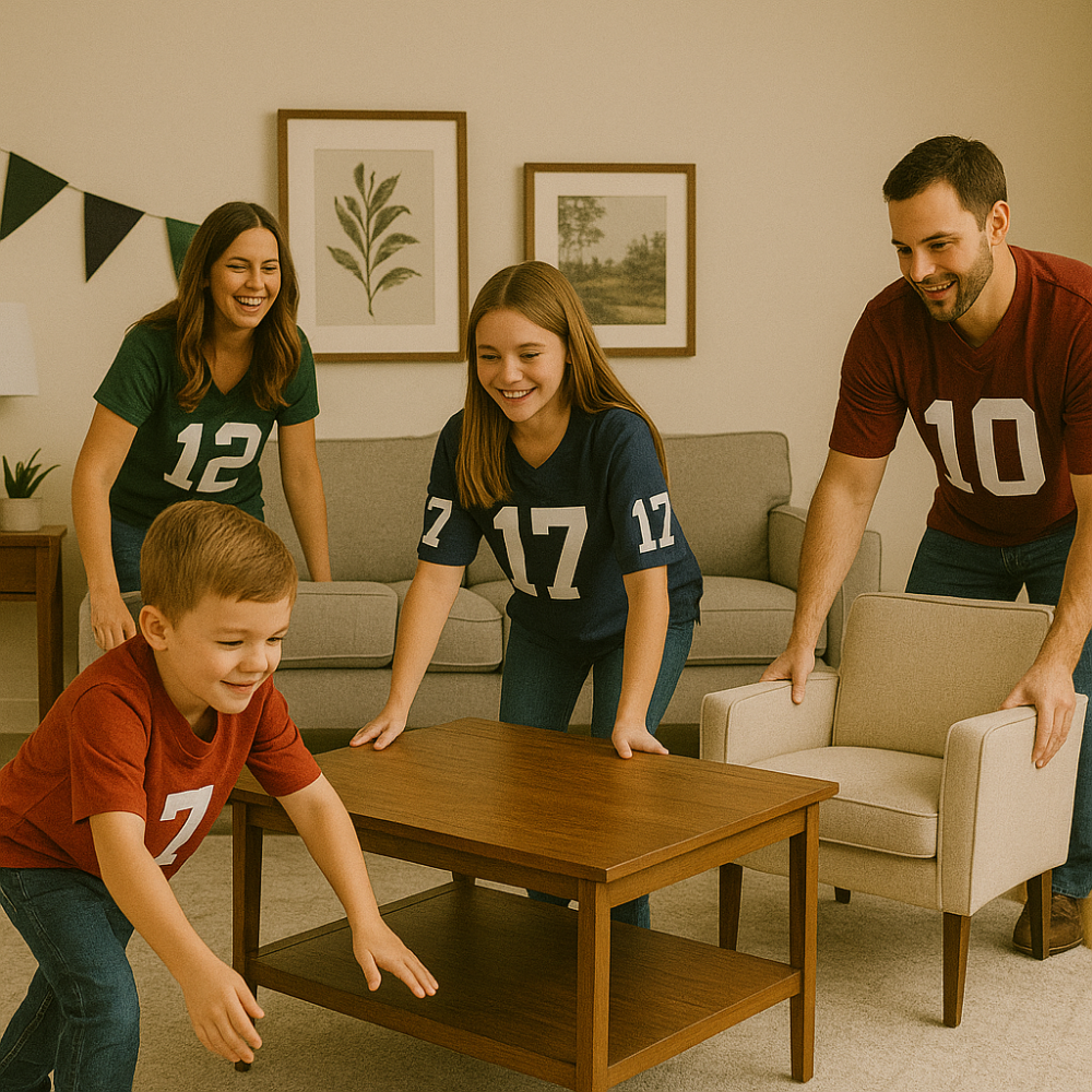 Family watching a football game on a large comfortable sectional sofa